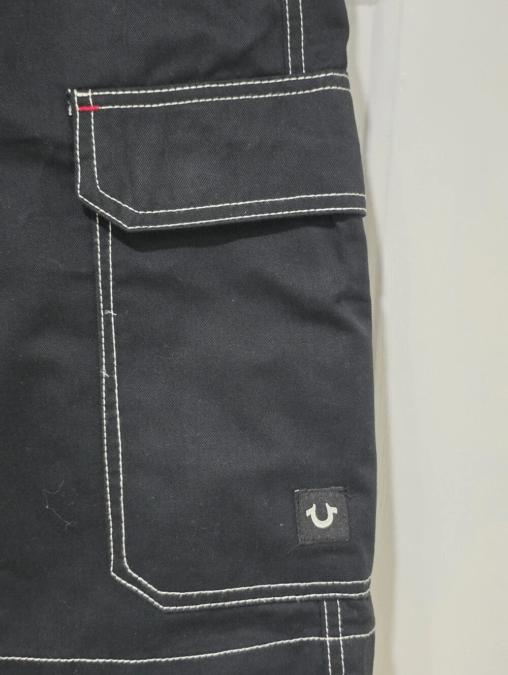 True Religion Black Cargo Shorts with White Contrast Stitching and Red Accents